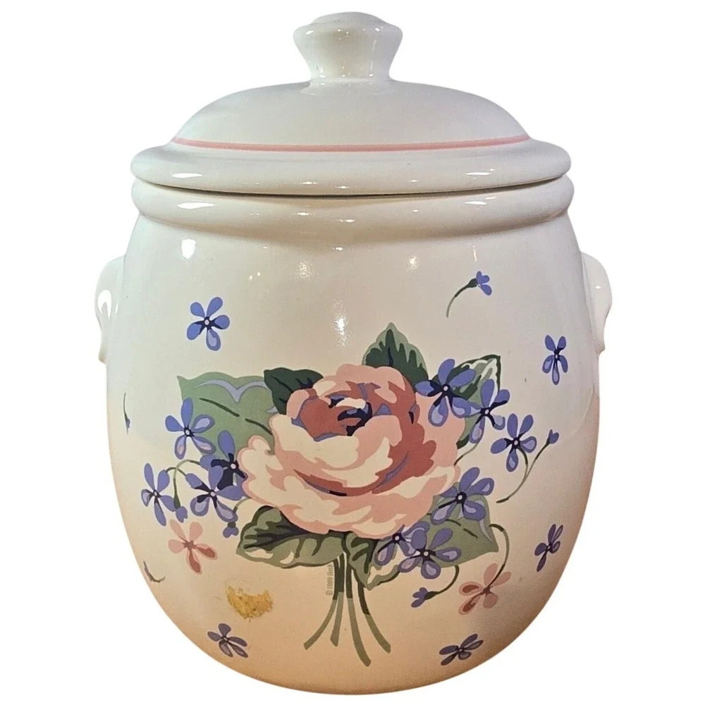 Vintage Pottery/Ceramic Floral Cookie Jar Pink Peony? & blue floral COMPLETE